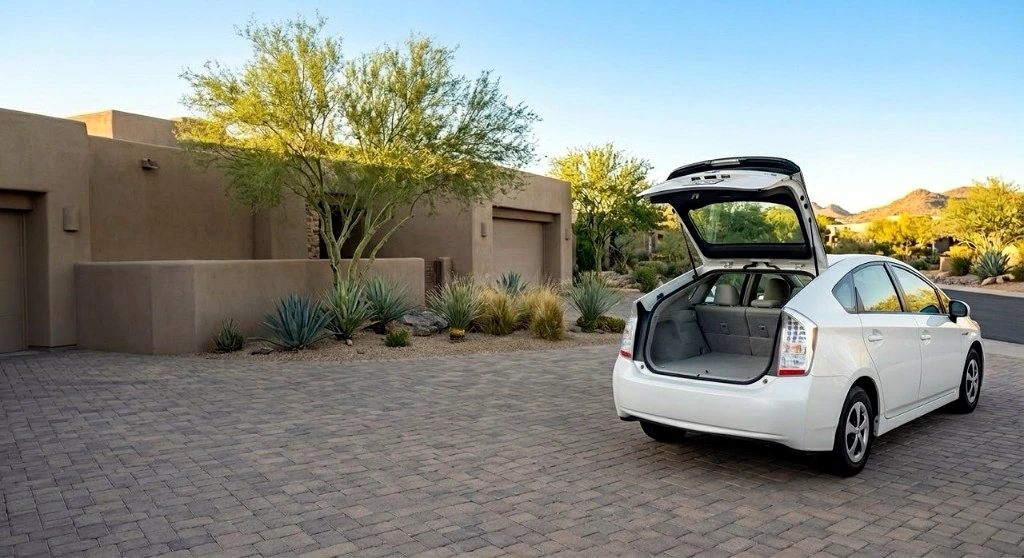 White Toyota Prius parked in a Phoenix-area driveway with the rear hatch open for mobile hybrid battery service